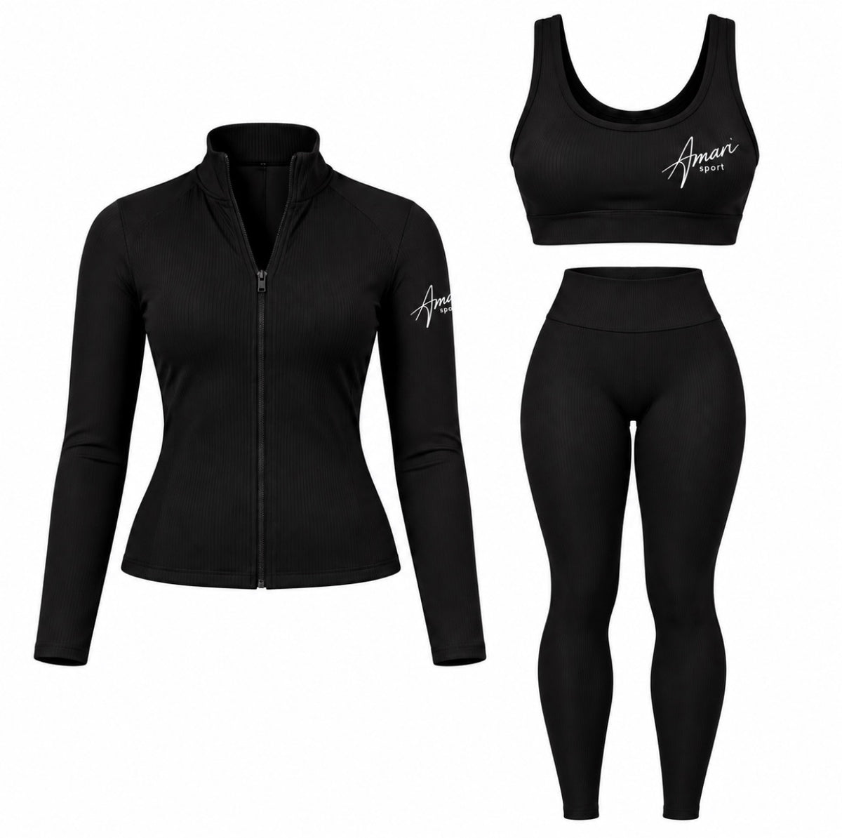 Amari Sport Luxe Ribbed 3-Piece Set – Black